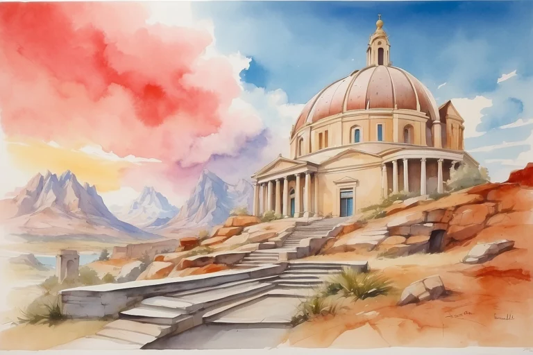 Aquarellbild. Blick auf eine kleine Kirche, die auf einem steinigen Hübel steht. Die Kirche ist von der Auart dem Petersdom zu Rom nachempfunden.