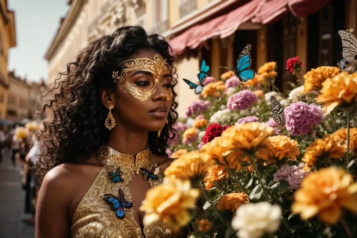 Junge Frau mit kleiner Gesichtsmaske aus goldfarbenem Stoff hält einen großen bunten Blumenstrauß in der Hand.