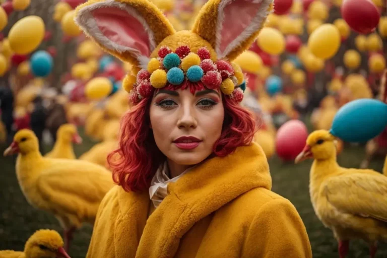 Ostermotiv: Junge Frau bekleidet mit orangefarbenen Plüschmantel, große Hasenohren und einem Stirnband aus bunten Stoffkugeln.