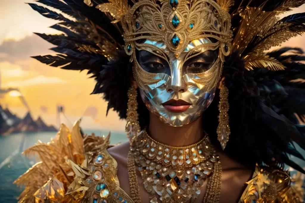 Außergewöhnliche, weibliche Karnevals- maske in Gold und Silber. Die Maske verdeckt das gesamte Gesicht. Lediglich der Mund und die Augenpartien sind sichtbar.