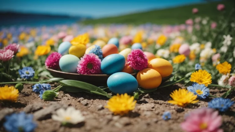 Ostermotiv: Eine Schale mit buntgefärbten Eiern und Frühlingsblüten auf einem Feldweg.