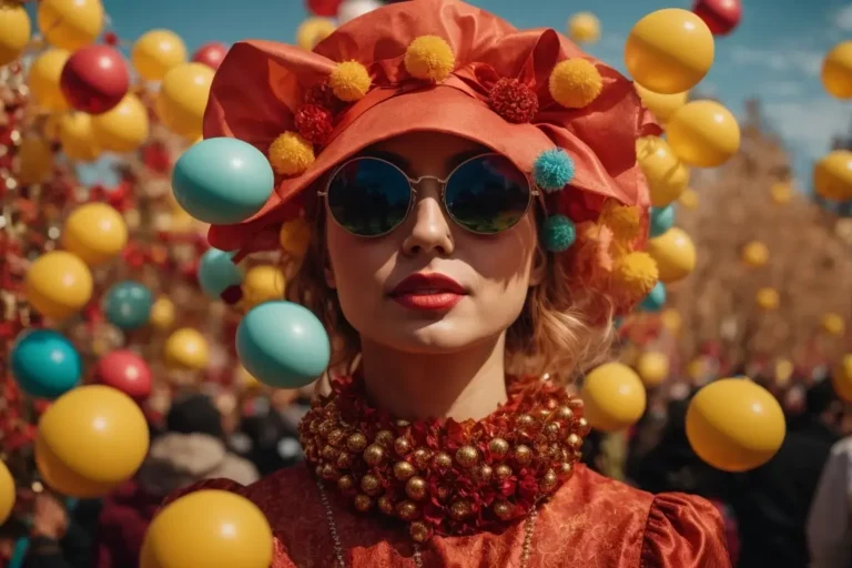 Junge Frau mit rotem Sonnenhut und großer Sonnenbrille, umgeben von bunten Kugeln schaut dich freundlich an.