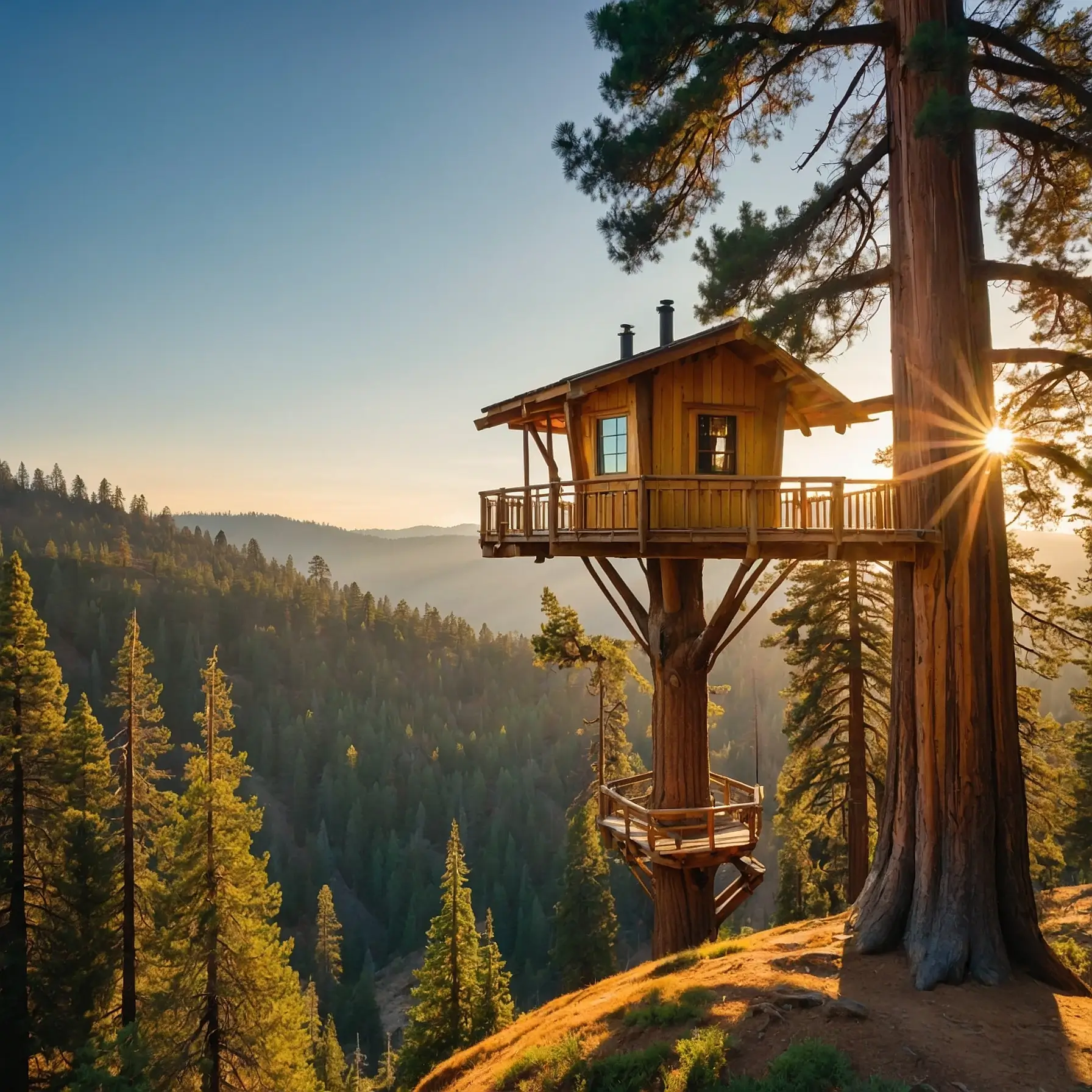 Baumhaus an einem Berghang. Im Hintergrund bewaldete Berge und Sonnenuntergang