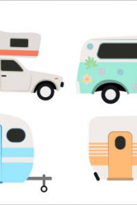 Set of colorful motorhomes in cartoon style. Vector illustration of cars and trailers for the travel and hipsters on white background.