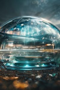 Phantasie-Bild eines riesigen Wassertropfens in dem sich die Welt im Hintergrund spiegelt